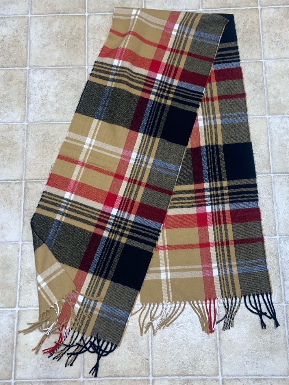 Unisex Plaid Fringe Scarf in Black, Tan & Red - Classic Winter Accessory 70”x12”
